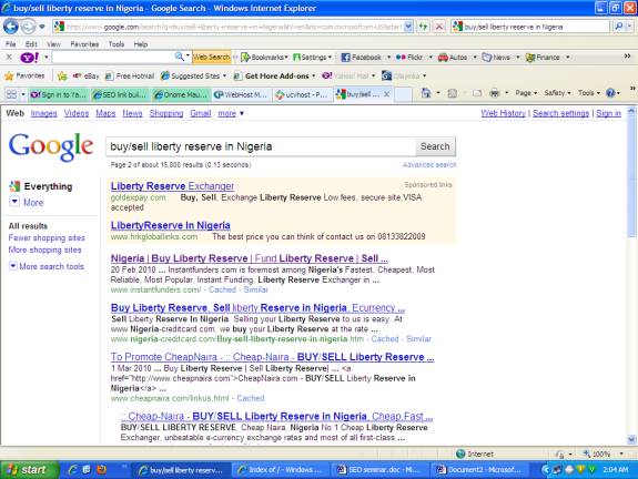 1st position on search keyword buy liberty reserve in Nigeria as at 13/5/2010